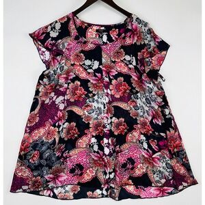 Cocomo Woman Short Sleeve Top Size 3X Pink Floral Chiffon Flutter Sleeve Coquett